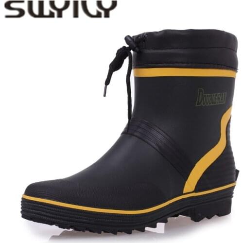 SWYIVY Rainboots Shoes Men Quality Anti-oil Work Boots 2018 Autumn Winter Warm Sock Rain Boots Male Fish Waterproof Rainboots 46