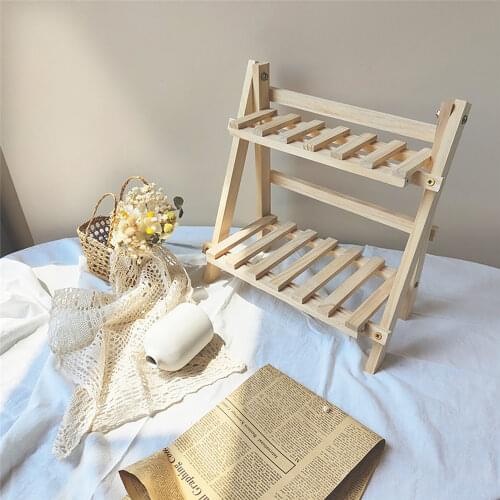 Desktop Wooden Double Layer Shelf Organizer Clock Aromatherapy Perfume Storage Rack Ornament Crafts Bonsai Flower Stand Tray