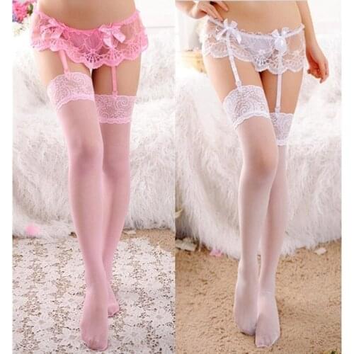 2021 New Sexy Suspenders Stockings Women Floral Lace Sexy Stockings Temptation Erotic Lace Bowknot Top Thigh High Pantyhose