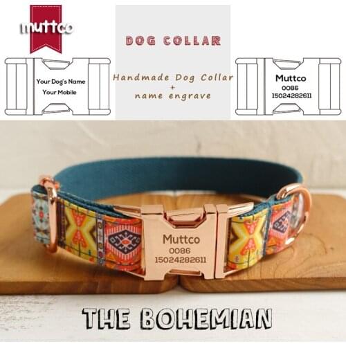 MUTTCO retailing handmade timeproof engraved pet name dog collar THE BOHEMIAN creative ethnic style dog collar 5 sizes UDC050M