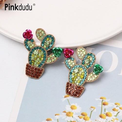 Pinkdudu Trendy Cute Green Plant Earrings Statement Luxury Rhinestone Cactus Drop Earrings For Women Jewelry Gifts PD130