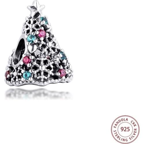 Fits Pandora Bracelet Argent 925 Sterling Silver Glitter Christmas Tree Charms Crystal Beads for Jewelry Making Berloques