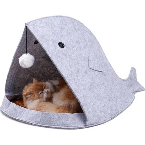 Shark Shaped Foldable Pets Cats Dogs Pompom Sleeping Bed Mat Kennel House Nest Shark Shaped with Pompom perfect gifts