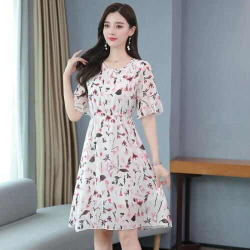 Temperament Waist Thin Floral Print Half Lotus Leaf Sleeve O-neck Knee-length A-line Elegant Chiffon Party Cocktail Dress 9429