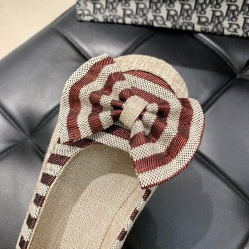 2020 Spring Autumn Women Falts Striped Slip on Flat Shoes Hemp Boat Shoes Female Comfortable Shoes Bowtie Loafers Oxford 8363G