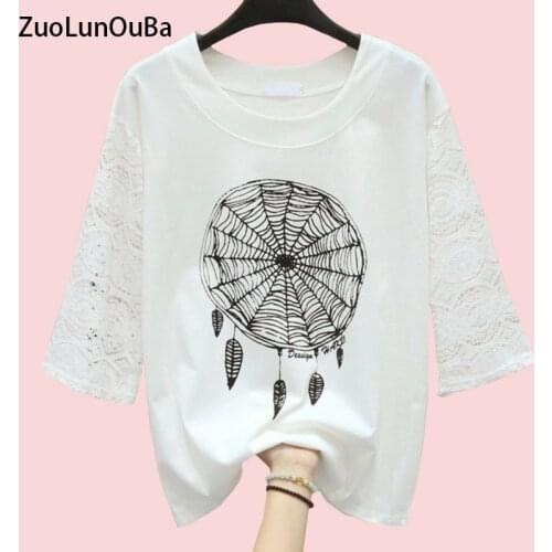 ZuoLunOuBa Summer High Quality Lace Hollow Middle Sleeve Women T Shirt Print Black Feather Dream Catcher Tees Tops Female