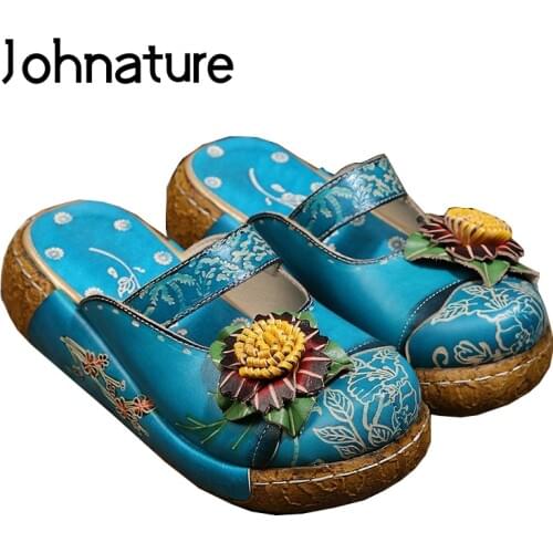 Johnature Summer Platform Slippers Genuine Leather Hand-painted Outside National Style Sandals Flower Wedges Slides Women Shoes