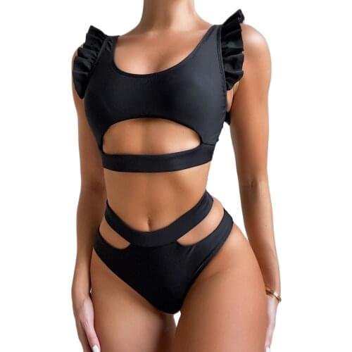 Womens Solid Color Ruffle Split Swimsuit Sexy Black High Waist Bikini Set 2021 Summer New