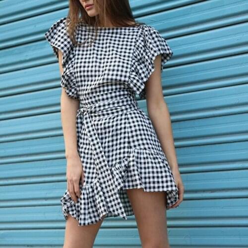 Ladies Summer New Arrivals Black and White Plaid Dress 2021 Summer Sleeveless Irregular Ruffled Square Neck Bow Tie Mini Dress