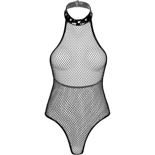 Women Sexy Hollow Out Fishnet Bodysuit Lingerie See-through Mesh High Cut Leotard Halter Sleeveless Backless Catsuit Nightwear