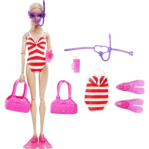 5 PCS/Lot 1x Doll Striped Swimsuit 1x Diving Glasses 1x Handbag 1x Shoes 1x Cup Summer Accessories Clothes for Barbie Doll Toy