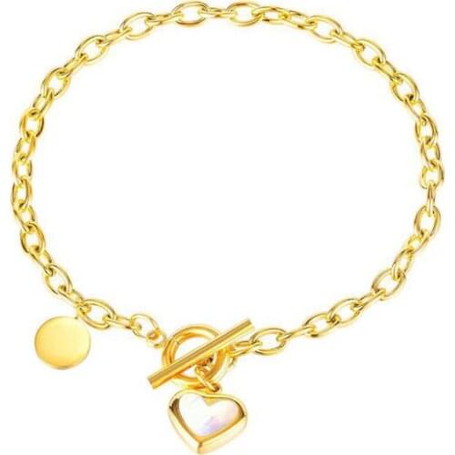 Stainless Steel Gold Minimalism Heart Ladies Round Tag Bracelet Bangle Jewelry Gift For Him