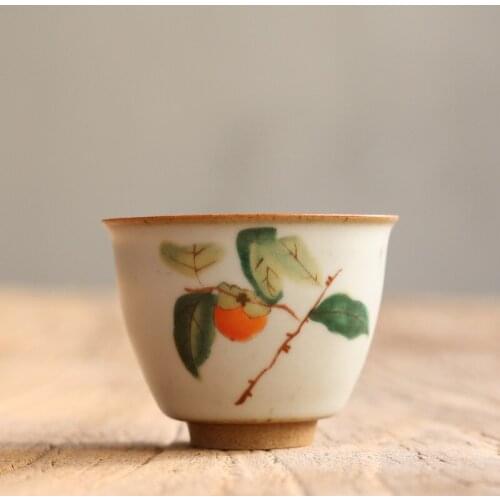 Porcelain Hand Painted Camellia Persimmon Kung Fu Water Mug Traditional Chinese Pigmented Tea Bowl Office Retro Teacup Drinkware