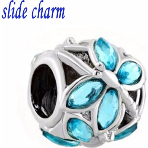 Slide charm Free shipping Crystal dragonfly hollow charm fit Pandora charm bracelet hand jewelry accessories Christmas gift 11