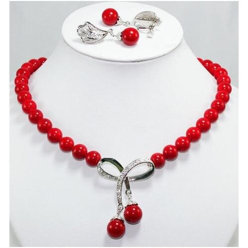 Hot sell new - shipping Womens Set jewelry red shell bead necklace earring (A0511)
