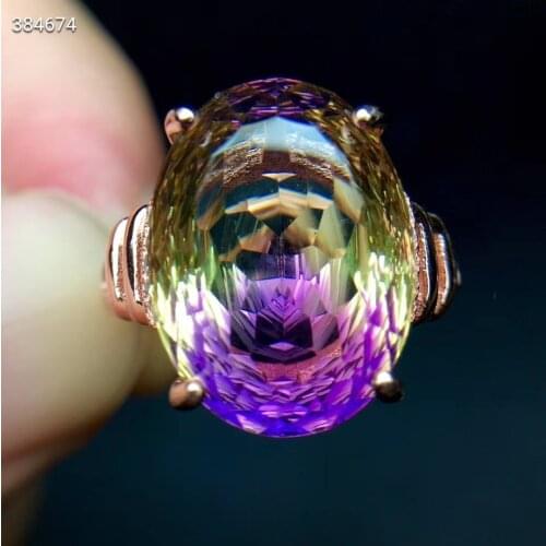 Certificate Natural Ametrine Quartz Purple Yellow Faceted Cut Women Adjustable Size Ring 12*16mm Rare Gift AAAAAA