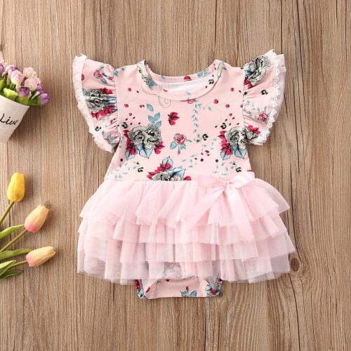 Fashion Baby Girls Summer Clothes Cotton Fry Sleeve Flower Mesh Romper Jumpsuit Casual Outfits 0-24M
