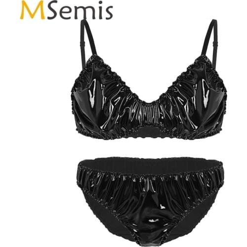 MSemis Mens Sissy Ruffled Latex Lingerie Set Spaghetti Straps Bra Top with Briefs Underwear Gay Exotic Wetlook Leather Nightwear