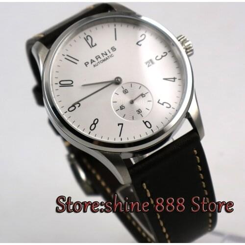 42mm parnis white dial Black strap date window leather ST1731 automatic mens watch
