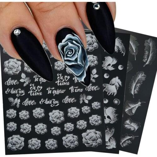 5D White Nail Sticker Rose Feather Engraved Embosse Design Transfer Decals Slider Wraps DIY Nail Art Decoration GLJP1019-JP1036
