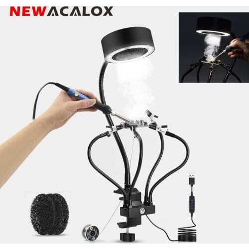 NEWACALOX Table Clamp USB Welding Smoking Instrument with 3 Colors LED Light Soldering Exhaust Fan Filter Smoking Device Tool