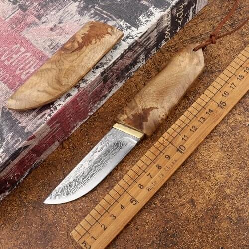 Portable Mini Fixed VG10 Damascus Steel Blade Wooden Handle Tactical Outdoor Camping Hunting Fruit Sharp Samurai Straight Knife