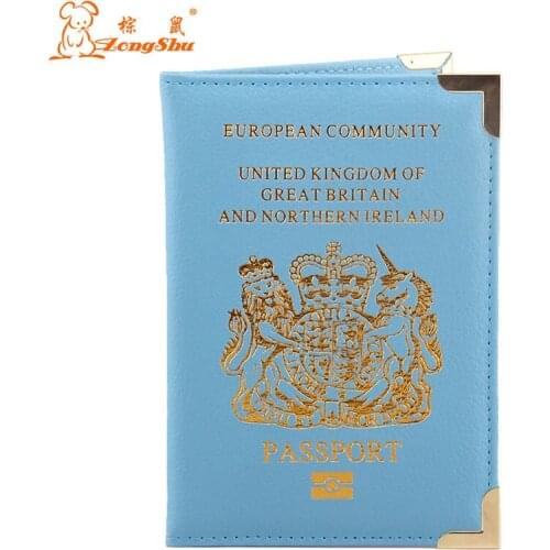 ZONGSHU Pu Leather Copper Corner British Passport Case Candy Color Passport Holder Gold Printed Soft Sponge Passport Cover