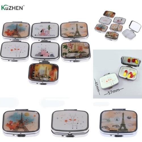 Portable Metal Square Flower Print Organizer Cute Compartment Pill Case Storage Tablet Container Medicine Box