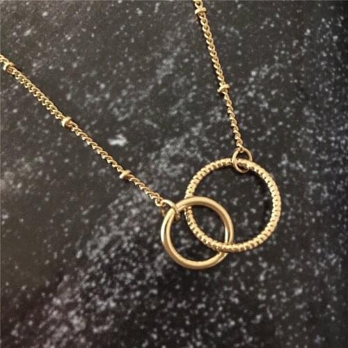 Causal Gold Color Plating Two Circle Linked Pendant Necklace For Women Girl Simple Basic Dainty Geometric Elegant Trendy Jewelry