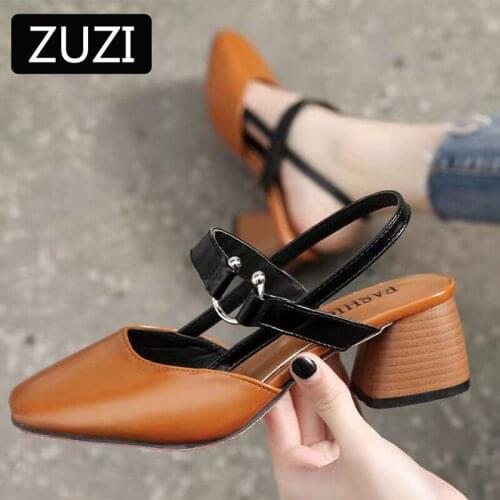 ZUZI Sandals Retro Female Summer 2021 New Thick Heel High Heels Female Student Shoes Mid-heel Wood Grain Heel Work Shoes