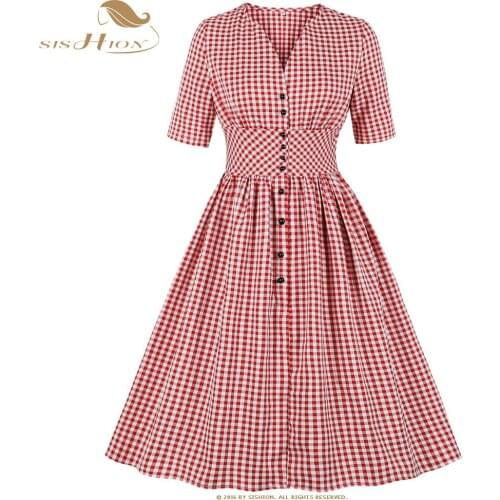 SISHION 2021 Women Clothing Plus Size Dress VD1148 4XL Half Sleeve Red Retro Plaid Dresses Swing Vintage Ladies Autumn Dresses
