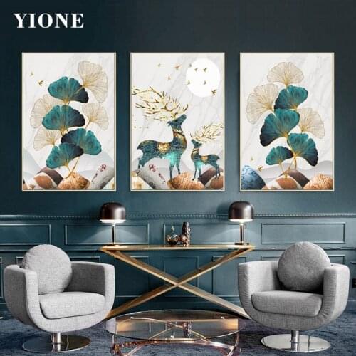 Modern Luxury Leaf Elk Deer Stone Mountain Canvas Paintings Ginkgo Biloba Art Nordic Posters and Prints Wall Picture for Living