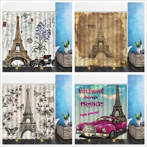 Cartoons Shower Curtains France Iron Tower Car Landscape 3D Print Bathroom Home Decor Waterproof Polyester Cloth Curtain Set