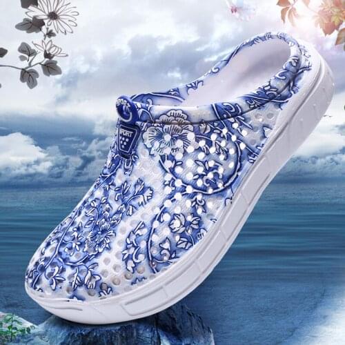 GAOKE 2021 Summer Women Beach Slippers Blue and White Print Breathable Mesh Shoes For Flip Flop Massage Slippers Plus Size 41