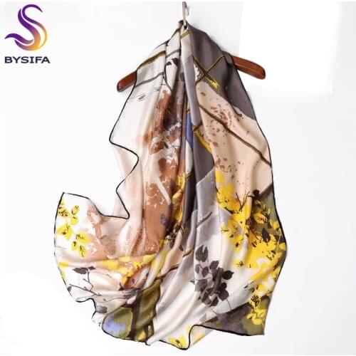 [BYSIFA] Autumn New 100% Silk Scarf Women Grey Yellow Leaves Design Long Scarves Shawls Luxury Top Grade Gift Winter Scarves