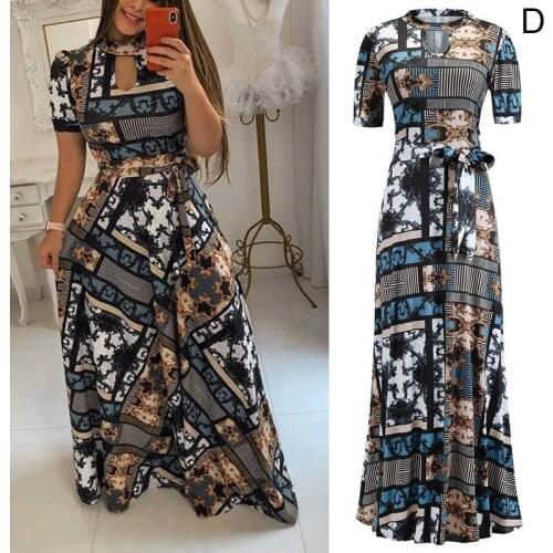 2019 Newly Hot Women Boho Floral Print Keyhole Neck Short Sleeve Long Maxi Dress for Summer SMA66