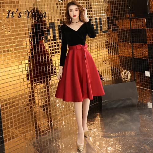 Its Yiiya Prom Dresses Long Sleeve V-neck vestidos de gala Plus Size Black Burgundy Knee Length Dress Women Party Night LF172