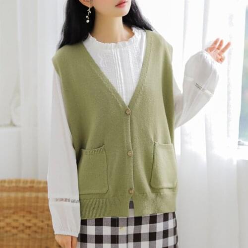 Womens Knitted Vest Spring Autumn New Korean Loose V-neck Single Breasted Pocket Cardigan Vest Femme Button Waistcoat Chic Tops