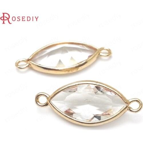 10PCS 24K Champagne Gold Color with White Glass Brass Faceted Sharp Oval Shape Charms Pendants High Quality Jewelry Accessories
