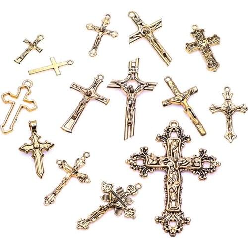 15Pcs/Set Mixed Styles Vintage Gold Zinc Alloy Jesus Cross Religious Faith Pendant Charm Frame Components For Jewelry Making