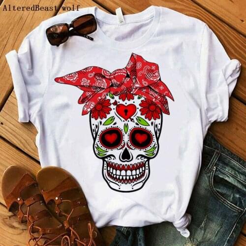 2020 Summer Women T-Shirt Fashion Bandana Printed Skull Mom T-shirt Casual Harajuku Mama Tshirt Female O-neck tees tops Clothes