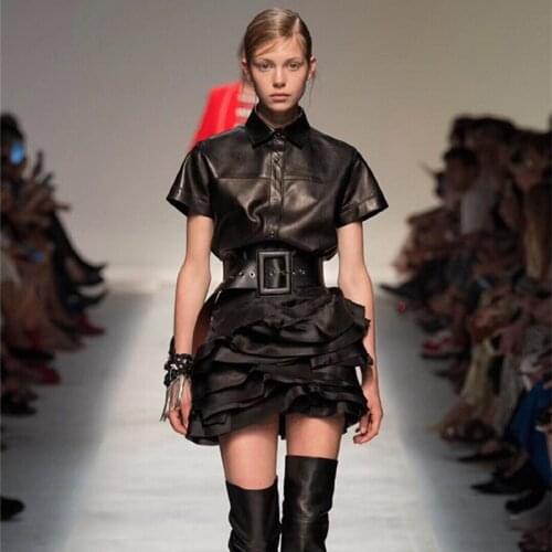 2021New Arrival Women Fashion Genuine Leather Coat Short Sleeve,Black Real Leather Shirt With Belt