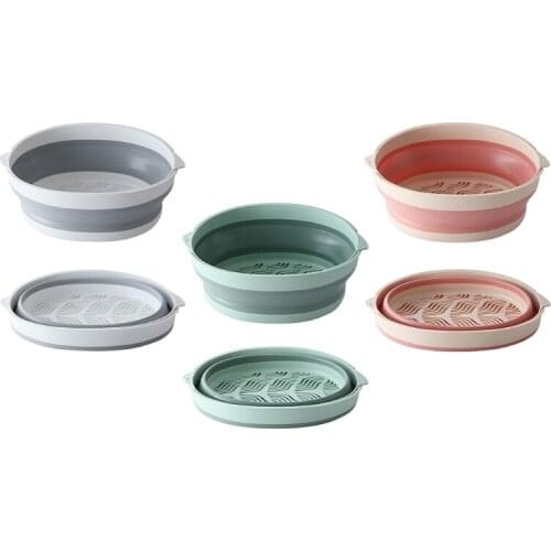 Double Layer 2-in-1 Collapsible Colanders Round Foldable Drain Basket Silicone Kitchen Strainer Bowl Drainer Vegetable
