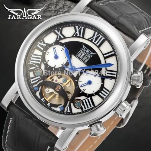 Jargar Automatic silver color men wristwatch tourbillon black leather strap hot selling shipping free JAG9402M3S2