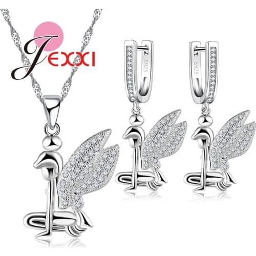 Little Fairy Beautiful Necklace Earrings Jewelry Set With Shiny Clear CZ Crystal 925 Sterling Silver Fashion Decoration