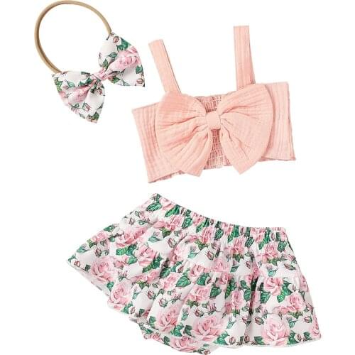 2021-03-15 Lioraitiin 3Pcs Set 0-18M Infant Baby Girl Clothing Set Sleeveless Solid Pink Vest Top Shorts Patchwork Skirt Outfit