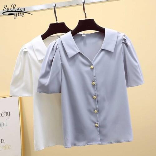 Korean Womens Tops and Blouses Solid Short Sleeve Summer Cardigan Shirts Vintage Puff Sleeve V-neck Office Lady Tops Blusas 9882
