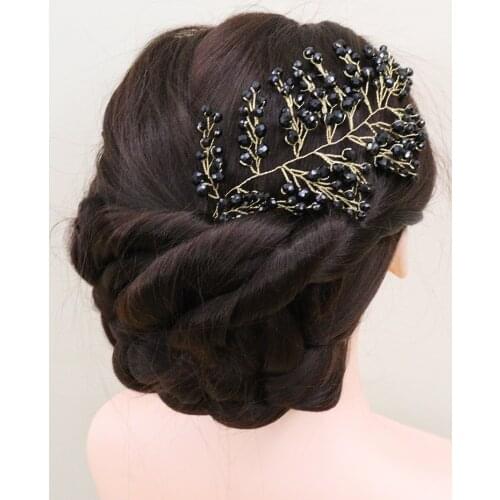 Trendy Black Gold Crystal Headbands Handmade Beads Chic Women Hair Accessories Headdresses for Weddings Headpieces for Bride