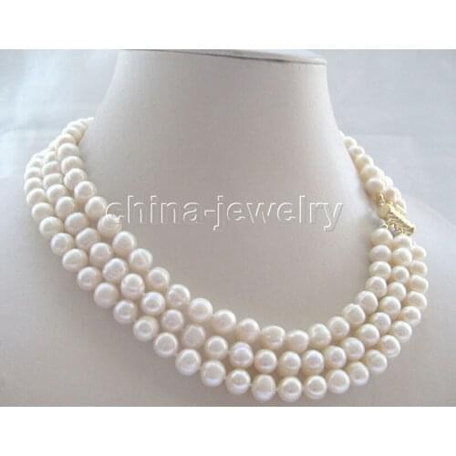 P5370 - 17-19" 8-9mm 3row natural white freshwater pearl necklace - clasp