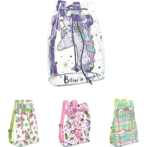 Girls PVC Transparent Unicorn Backpack Kids Bundle School Bag Cute Candy Color Double Shoulder College Bag Handbag Women Summer